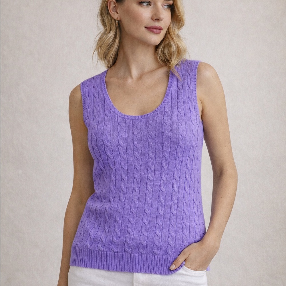 Lauren Ralph Lauren Cable Knit Sweater Vest Purple | Preppy Cotton Knit Top NWT